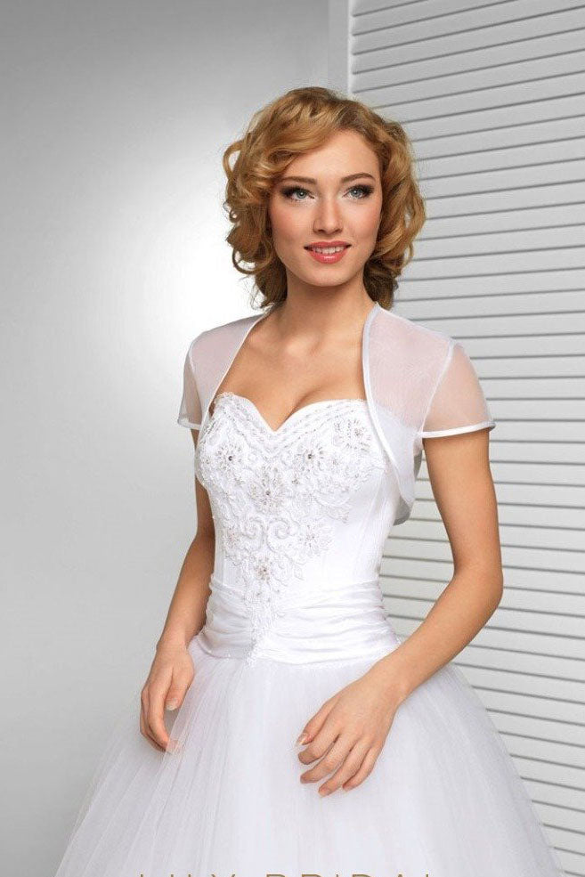 White Short Sleeve Wedding Bolero Bridal Cape, Organza Wedding Wraps