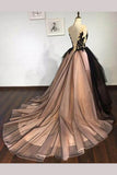 Puffy Sleeveless Tulle Prom Dresses with Train V-Neck Long Formal Dresses with Appliques N1318