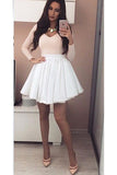 Pink Long Sleeves V-neck Satin Homecoming Dress with White Tulle Skirt,Mini Grad Dresses,N336