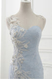 Gorgeous Mermaid Blue Sweep Train Lace Appliques Wedding Dresses
