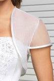 White Short Sleeve Wedding Bolero Bridal Cape Organza Wedding Wraps JK018