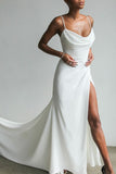 Charming Sheath Cowl Neck Soft Satin Long Wedding Dresses with Slit N112