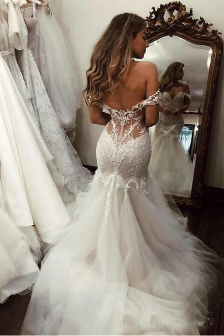 Off the Shoulder Lace Mermaid Wedding Dresses With Long Train