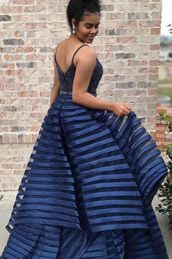 Dark Blue Spaghetti Straps Puffy Prom Dresses with Beads Unique Long Evening Dresses N1752