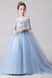 Sky Blue Off the Shoulder Appliques Tulle Flower Girl Dress F080