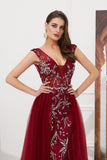 Burgundy V-Neck Sleeveless Tulle Long Prom Dresses with Beads Crystal N2282