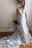 Spaghetti Strap V Neck Tulle Wedding Dress with Lace Appliques, Long Prom Dresses N2441