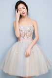 Unique Strapless Tulle Short Homecoming Dress with Appliques, A Line Sweetheart Prom Dress N1730