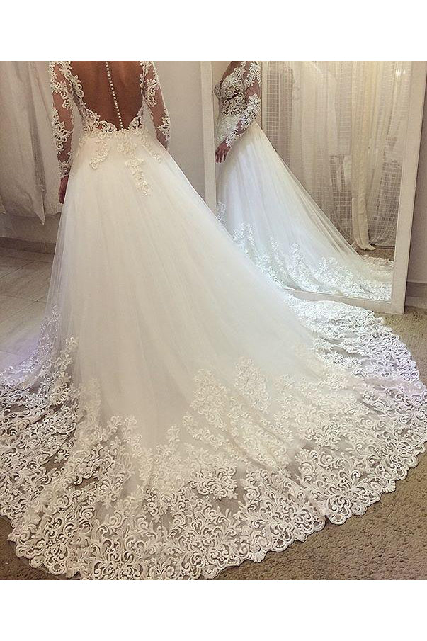 Elegant Beading Lace Long Sleeve Sheer Neck Ball Gown Wedding Dresses N1796