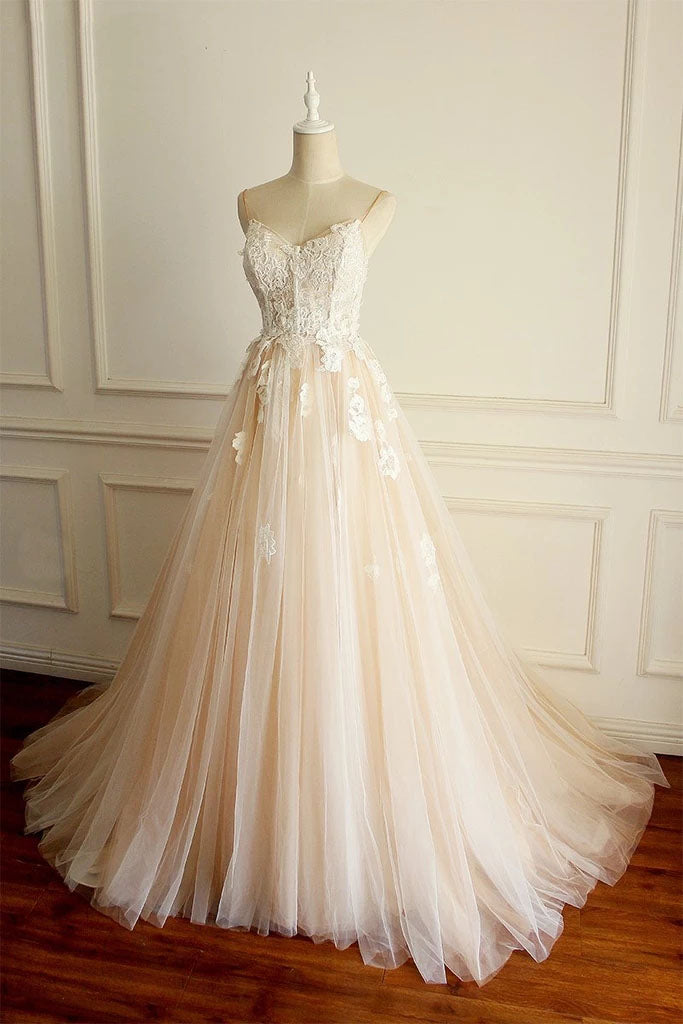 Spaghetti Straps A Line Long Custom Wedding Bridal Dresses Lace Applique Bridal Dresses N2426