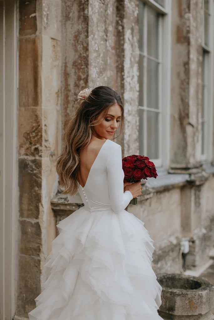 Ball Gown Scoop Neck Tulle Stretch Crepe Sweep Train Wedding Dresses With  Cascading Ruffles 