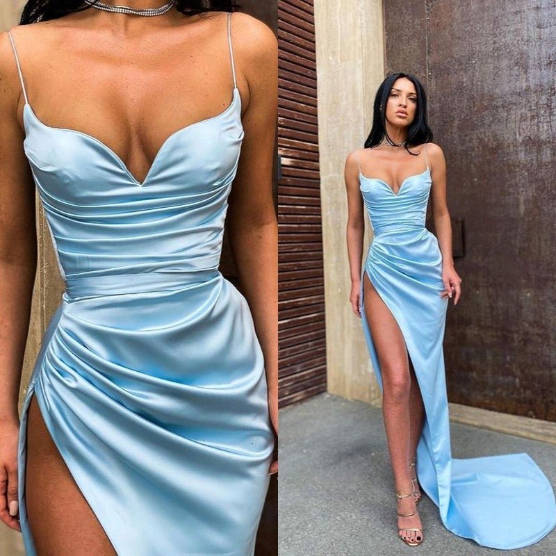 Sexy Party Dresses Mermaid Baby Blue Spaghetti-Strap Long Prom Dresses With Slit PD0557