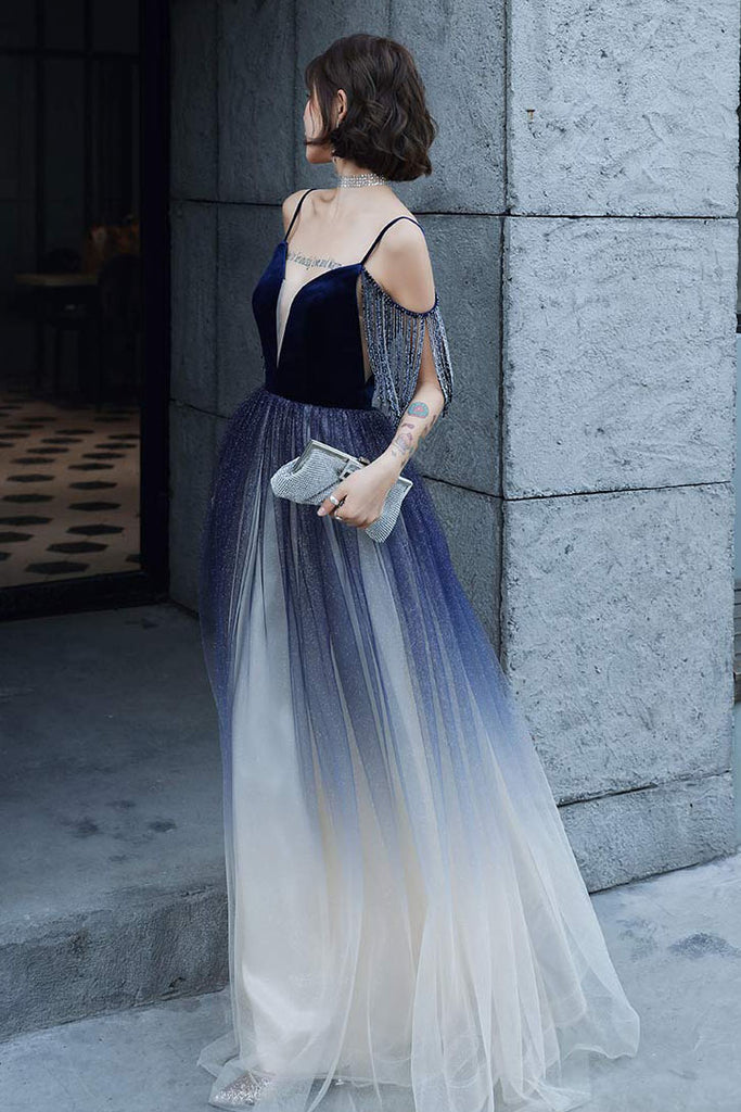 Blue Ombre Spaghetti Straps Long Prom Dress with Tassels Unique Evening Dress N2659