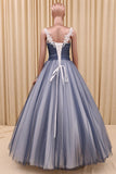 Ball Gown V Neck Dark Blue Tulle Prom Dress with Applique Puffy Long Quinceanera Dress N1438