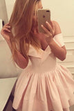 Pink Off-the-Shoulder Ruffles Satin Homecoming Dresses