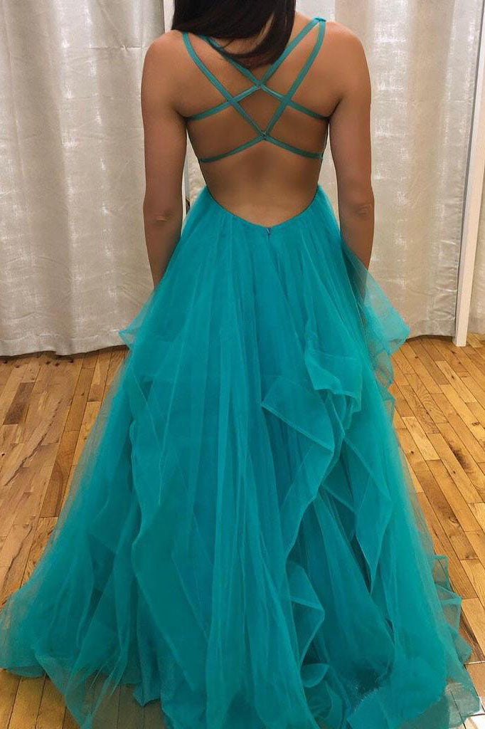 Teal Simple V Neck Long Prom Dresses with Straps and Ruffle Skirt Dance Dresses N1594