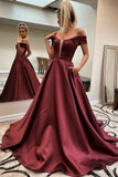 A Line Off the Shoulder Satin Prom Dresses with Pockets N2623