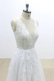 A Line V-Neck Lace Appliqued Tulle Wedding Dresses with V-Cut Back Beach Wedding Dresses N818