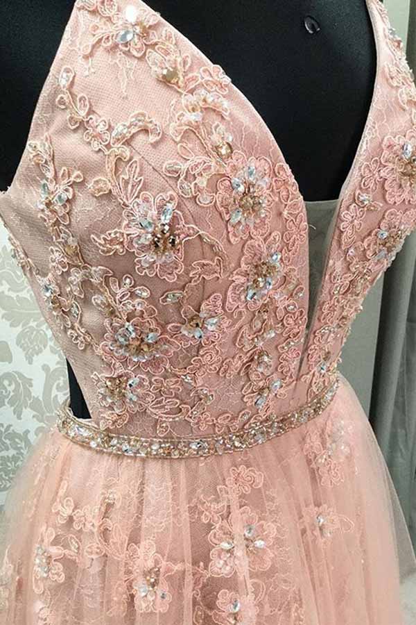 Blush V-neck Prom Dresses with Rhinestone Long Prom Dresses with Appliques N1538