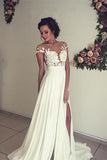 See-through Short Sleeve Lace Appliqued Long Beach Wedding Dress,Ivory Chiffon Bridal Dress,N234