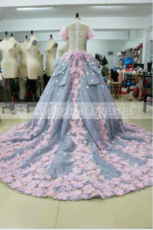 Luxurious Ball Gown Backless Appliqued Long Wedding Dress,Wedding Gown with Flowers