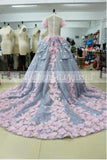 Luxurious Ball Gown Backless Appliqued Long Wedding Dress,Wedding Gown with Flowers