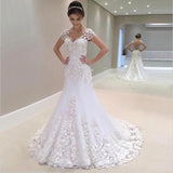 White Lace Appliques Cap Sleeves Open Back Wedding Dresses Sheath Sweep Train Bridal Dresses