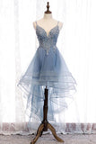 Blue High Low Spaghetti Straps Tulle Homecoming Dresses with Appliques, Party Dress N2143