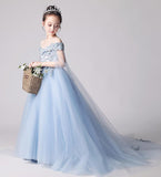 Sky Blue Off the Shoulder Appliques Tulle Flower Girl Dress F080