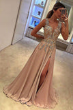 A Line Split Deep V-Neck Sleeveless Prom Dress with Appliques N876