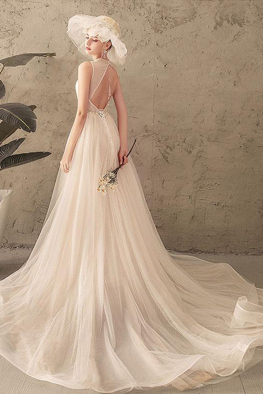 Ivory Jewel Sleeveless Tulle Wedding Dresses with Lace A Line Pleats Open Back Bridal Dresses N2583