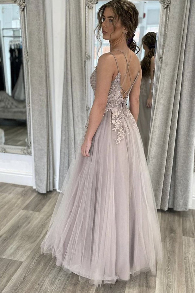A-Line Tulle Lace Appliques Long Flooe Length Formal Evening Dress A-Line Prom Dress