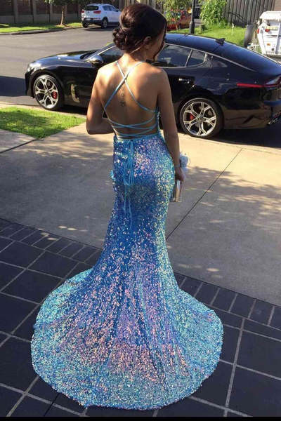 Sparkle Blue V-neck Shiny Prom Dress Mermaid Sequins Long Evening Dress OK1338