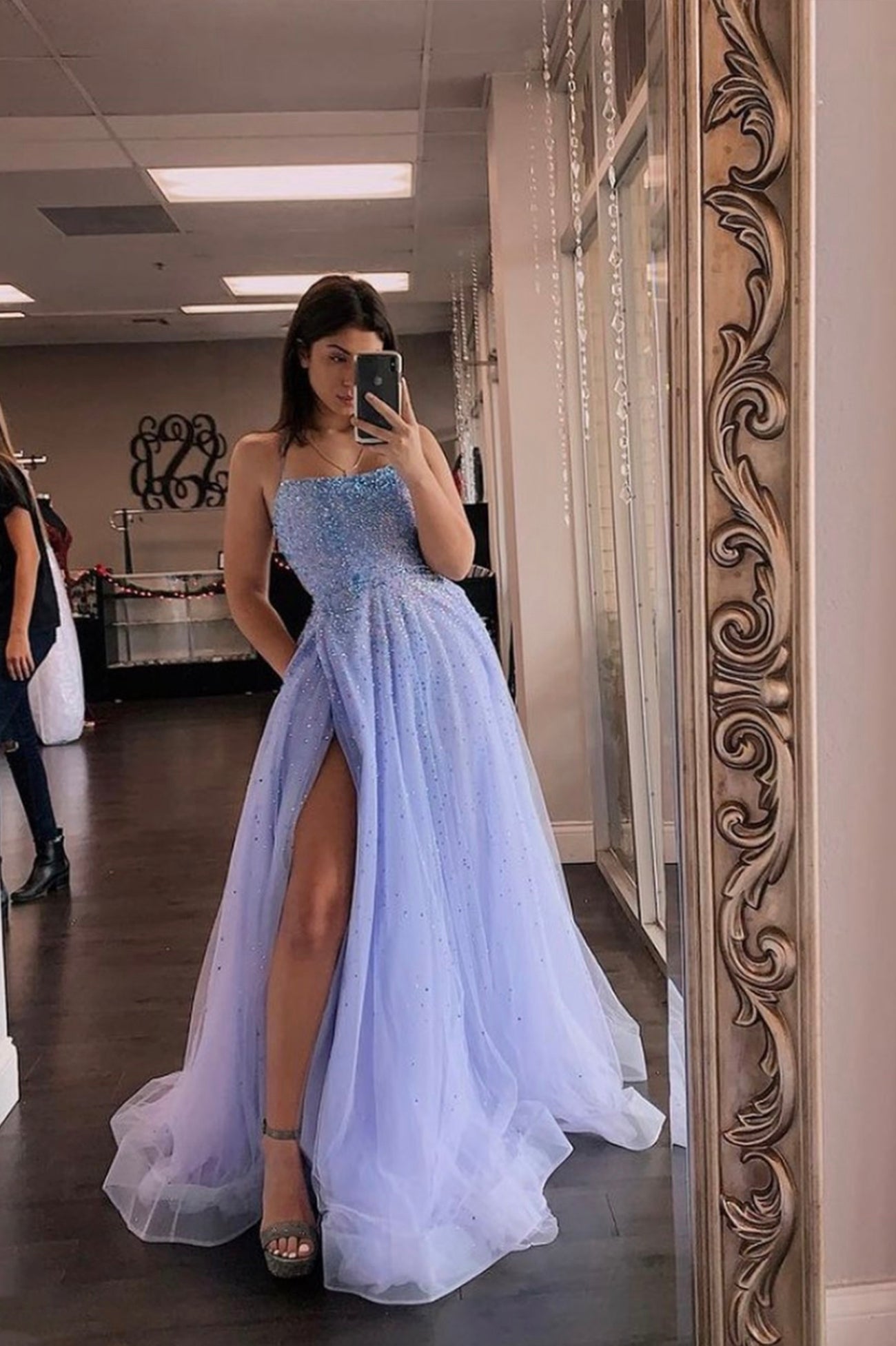 A Line Beaded Long Tulle Formal Evening Dresses With Slit