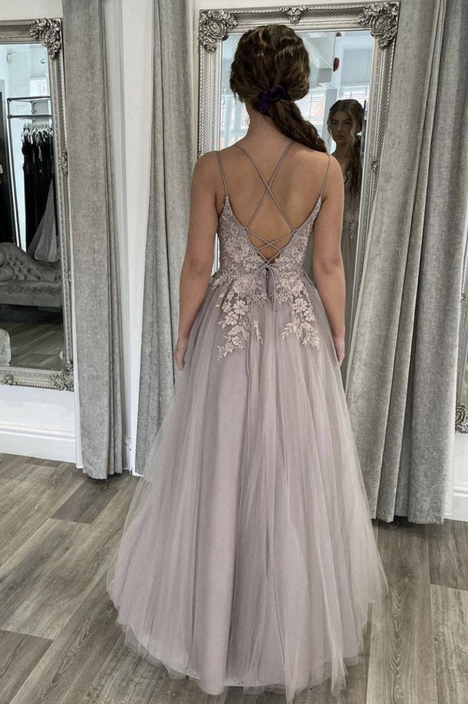 A-Line Tulle Lace Appliques Long Flooe Length Formal Evening Dress A-Line Prom Dress