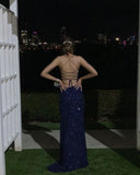 Navy Blue Sequin Long Prom Dresses Mermaid Evening Party Dresses OK1939