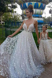 Spaghetti Straps V Neck Sparkly Wedding Dress with Stars, Floor Length Long Prom Dress N2678