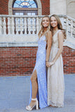 Glitter Blue V-Neck Cross Back Mermaid Sequin Evening Dress with Slit Prom Dress