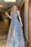 Blue A-Line Lace Long Formal Evening Dress With Slit Spaghetti Straps Prom Dress