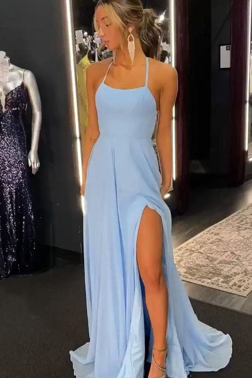Halter Sheath Sky Blue Chiffon Long Prom Dresses OK1937
