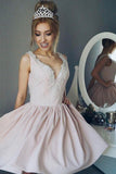 A-Line V-Neck Ruched Short Pearl Pink Satin Homecoming Dress with Beading,Mini Prom Dress,N217
