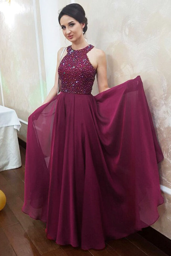 Sparkly Dark Magenta Jewel Sleeveless Floor Length Chiffon Prom Dress with Beading