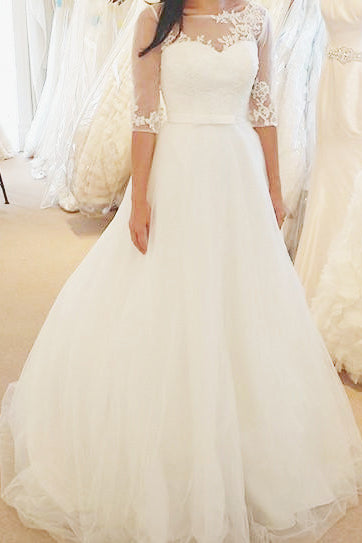 Ivory Half Sleeves Floor-length Bateau With Lace Applique Tulle Wedding Dress,Bridal Gown,N495