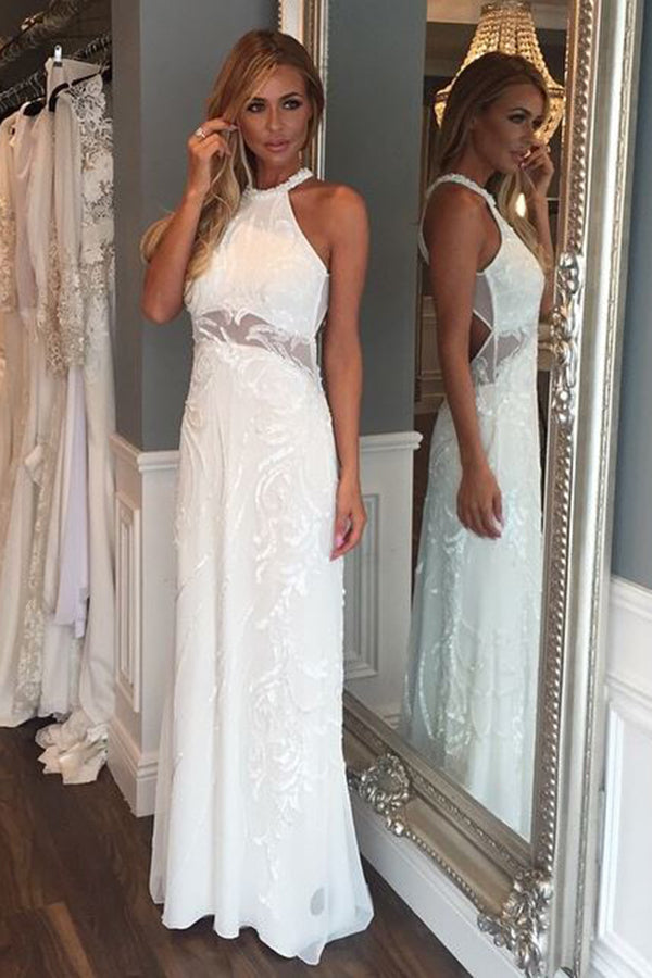 Floor Length Sleeveless Jewel Beach Wedding Dress, Long Elegant Prom Dress