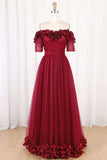 Burgundy Off Shoulder Floor Length Tulle Prom Dress with Appliques,  A Line Tulle Evening Dress N2637
