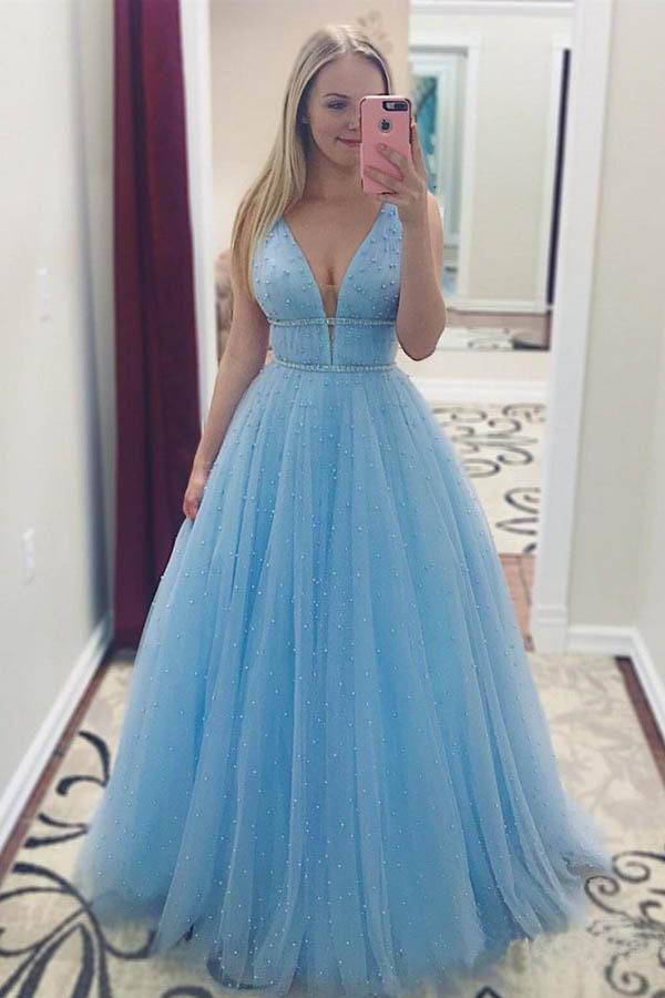 Sky Blue V Neck Floor Length Prom Dress with Beading, A Line Tulle Formal Dress N1559