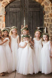 Ivory Straps Tulle Floor Length Flower Girl Dress with Lace, A Line Lace Flower Girl Dresses F078