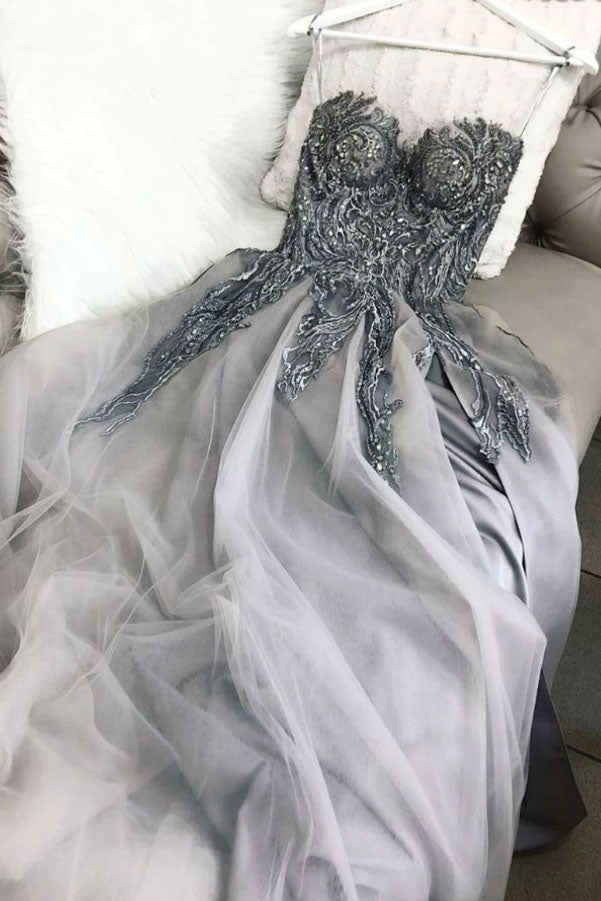Light Gray Sweetheart Tulle Appliqued Prom Dress with Lace Up Back, A Line Evening Dress N2607