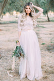 Two Piece Tulle Floor Length Wedding Dresses with Lace Rustic Wedding Dresses with Sleeve N2251
