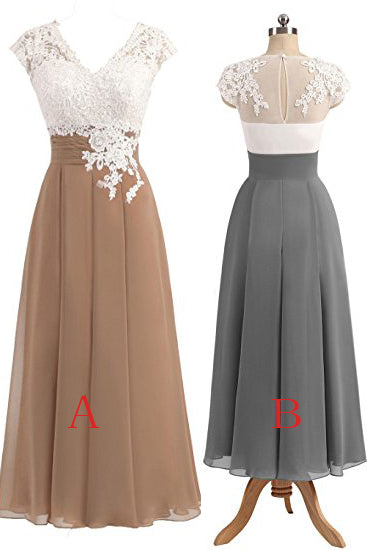 Gray V-neck Cap Sleeves Lace Applique Chiffon Mother of the Bride Dresses,N543